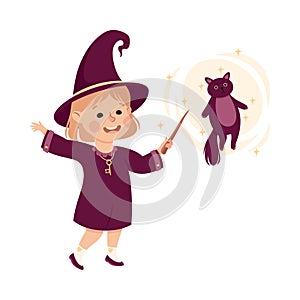 Little Girl Witch Wearing Purple Dress and Pointed Hat Practising Witchcraft and Doing Magic with Magic Wand Vector