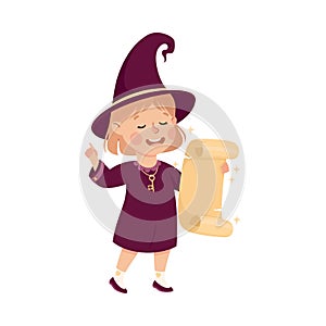 Little Girl Witch Wearing Purple Dress and Pointed Hat Practising Witchcraft and Doing Magic with Scroll Vector