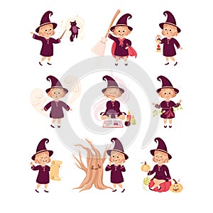 Little Girl Witch Wearing Purple Dress and Pointed Hat Practising Witchcraft and Doing Magic Vector Set