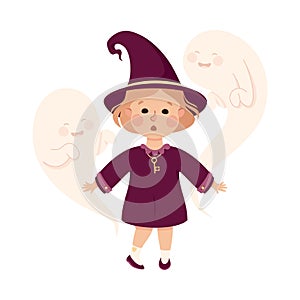 Little Girl Witch Wearing Purple Dress and Pointed Hat Standing with Ghost Practising Witchcraft and Doing Magic Vector