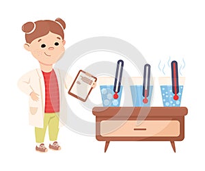 Little Girl Working on Physics Science Experiment with Thermometer and Water Vector Illustration