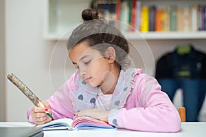 Little girl writes on the school diary photo