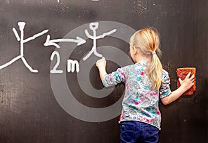 Little girl writing concept of social distancing on black chalkboard