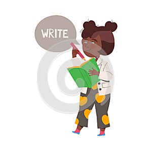 Little Girl Writing Something in Notepad with Pencil Learning English Word Vector Illustration