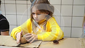 a little girl in yellow clothes sculpts from clay.