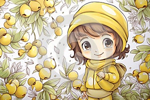 a little girl in a yellow raincoat standing in front of a bunch of lemons. generative ai