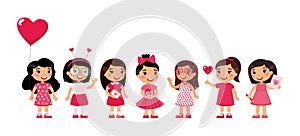 Little girls celebrating Valentines Day flat vector illustration.