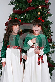 Little girls with Christmas tree photo