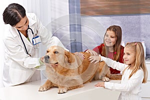 Little girls and dog at pets' clinic