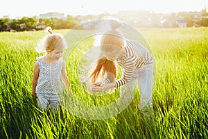 Little girls are looking at insects in the green grass on the field.