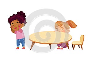 Little Girls Playing Hide and Seek Game in Kindergarden Vector Illustration photo