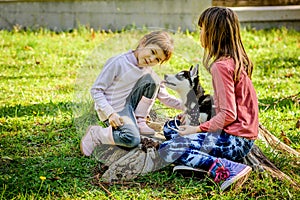 Little girls playing with husky puppy in the park