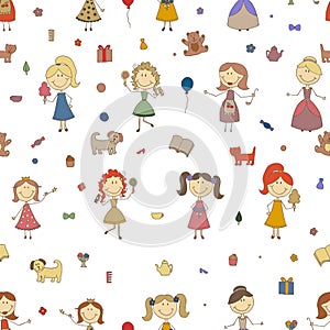 Little girls playing vector. Cartoon drawing of children. Daughter and mother. Girls seamless pattern background.