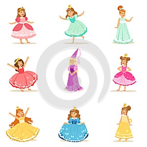 Little Girls In Princess Costume In Crown And Fancy Dress Set Of Cute Kids Dressed As Royals Illustrations