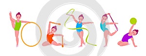 Little girls rhythmic gymnasts with various gymnastic objects. Set of vector illustrations in flat cartoon style. Isolated on a