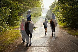 Little girls ride beautiful horses on the road in the forest in summer