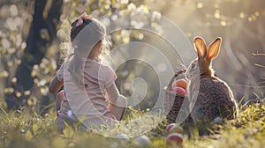 a little girls sitting on a grass watching a bunny holding a basket full of Easter egg generative ai