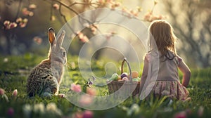 a little girls sitting on a grass watching a bunny holding a basket full of Easter egg generative ai