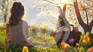 a little girls sitting on a grass watching a bunny holding a basket full of Easter egg generative ai