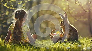 a little girls sitting on a grass watching a bunny holding a basket full of Easter egg generative ai