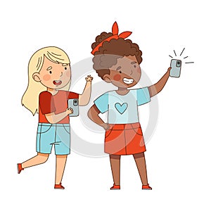 Little Girls with Smartphone Playing and Taking Selfie Vector Illustration