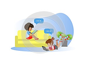 Little Girls Using Gadgets, Kids Playing Games, Learning, Communicating with Tablet and Laptop Vector Illustration