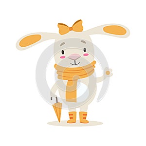 Little Girly Cute White Pet Bunny In Orange Autumn Clothes With Umbrella, Cartoon Character Life Situation Illustration