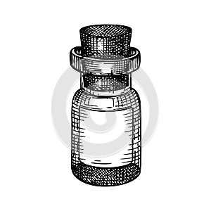 Little glass bottle hand-sketched illustration. Glassware drawing for alchemy, medicine, cosmetics, or perfume. Chemical