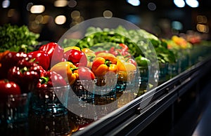 Little glass cups filled with colorful vegetables and greenery. Red and yellow peppers. Blurred backdrop