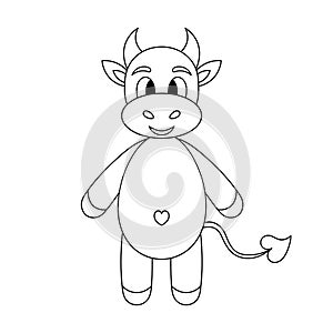 Little goby. Baby cow with a cute belly. Calf. Sketch. Vector illustration. Outline on an isolated white background. Coloring book