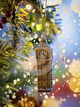 A little, golden Big Ben tower from London as a christmas ornament