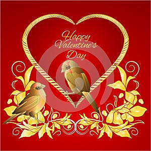 Little golden birds and heart golden leaves valentines place for text red background vintage vector illustration editable