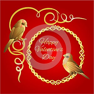 Little golden birds and ornamets valentines place for text red background vintage vector illustration editable