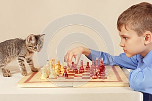 Little grandmaster with cute kitten plays chess.
