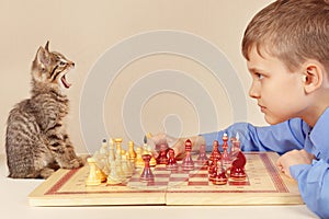 Little grandmaster with playful kitten plays chess.