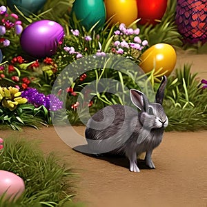 Little gray rabbit and Easter eggs. AI generated