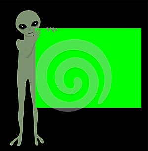 Little Green alien little holding a 1920 X 1440 ratio green screen vector illustration against dark background