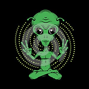 Little green alien meditating. Alien Yoga showing piece signs. Space ships.Vector Illustration.