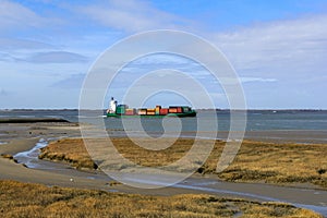 A little green container ship is passing a marsh in the westerschelde