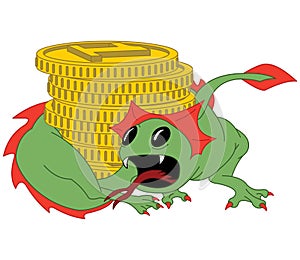 The little green dragon guards the gold coins