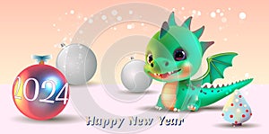 Little green dragon in a New Year\'s entourage