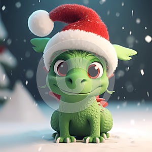 Little green dragon in a red Christmas hat. Symbol of 2024. Generative AI