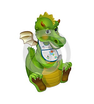 The little green dragon sits with a spoon. Vector isolated illustration