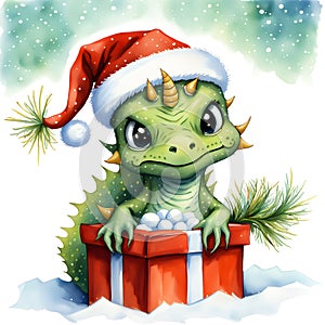 Little green dragon wearing Santa Claus hat sits in red gift box on white-blue background.Symbol of 2024 according to Chinese