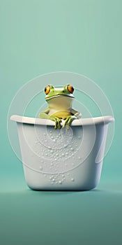 Little Green Froggy in Bathtub on Solid Background. Generative ai