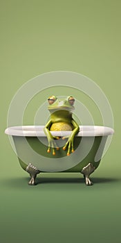 Little Green Froggy in Bathtub on Solid Background. Generative ai