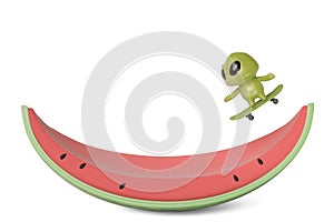 A little green monster skateboarding on the watermelon,3D