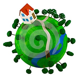 Little green planet with toy house.