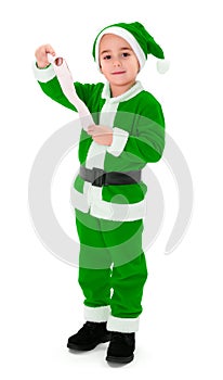 Little green Santa Claus boy holding blank wish list