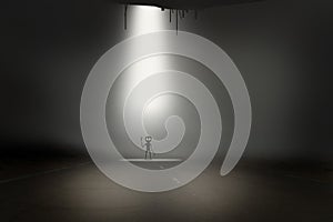 Little grey alien in rays on road